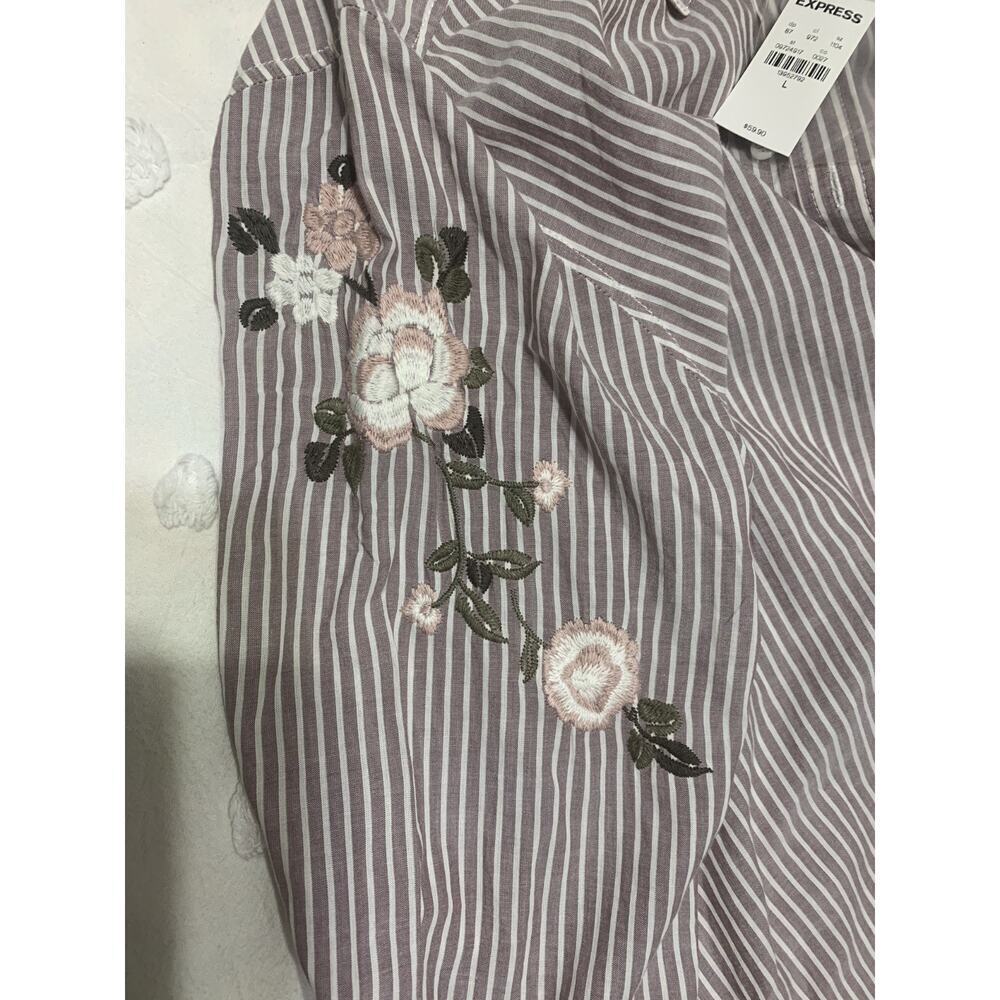 NWT Express Boyfriend Women's Long Sleeve Button Up Striped Embroidered Shirt L - Picture 7 of 8